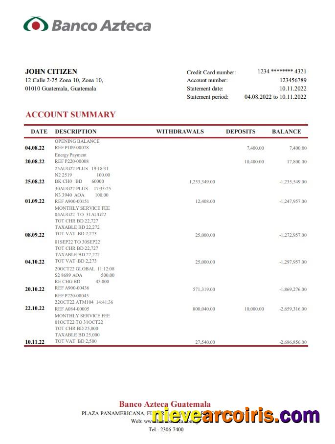 Guatemala Azteca bank statement